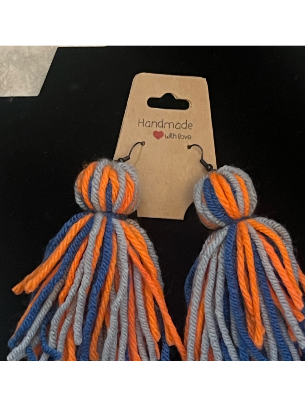 Handmade Tassel Earrings in Orange, Blue & Gray